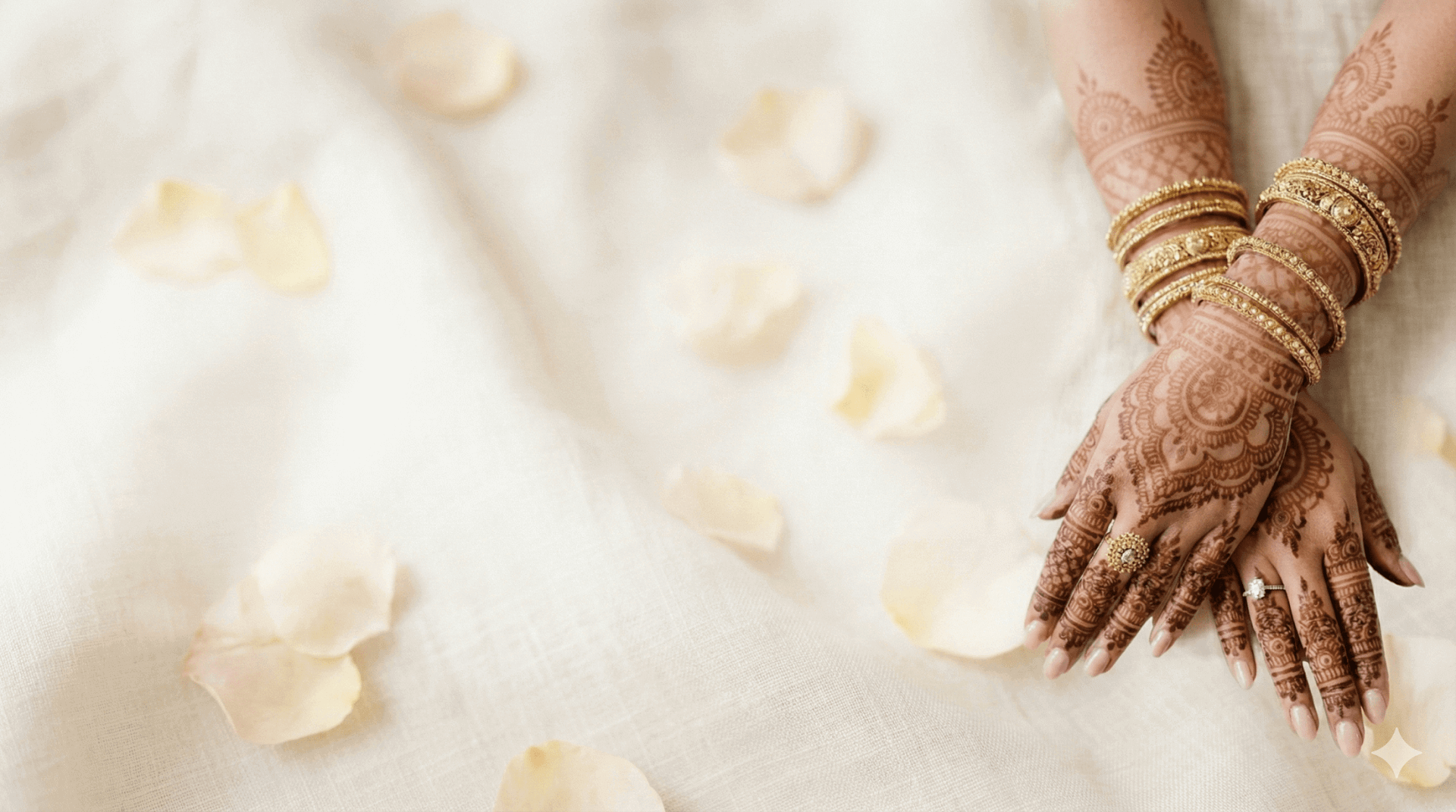 Bridal henna with gold bangles and rose petals